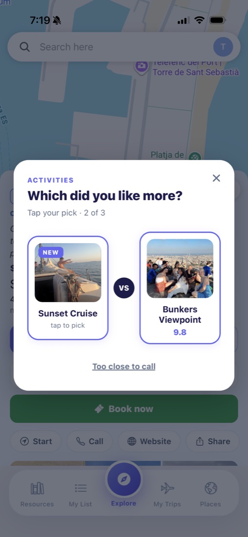 Ranking two spots head to head in the Flextrip app
