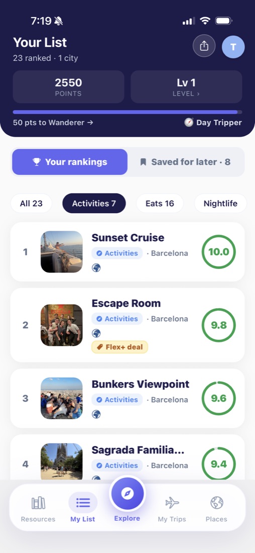 Your ranked list of spots in the Flextrip app