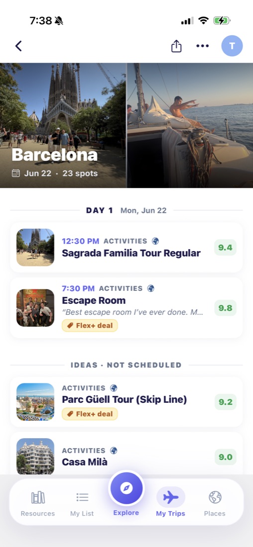 A Barcelona trip laid out day by day in the Flextrip app