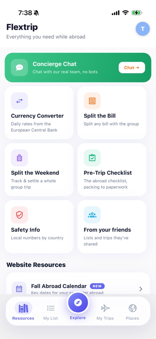 The Resources tab in the Flextrip app with concierge chat and tools